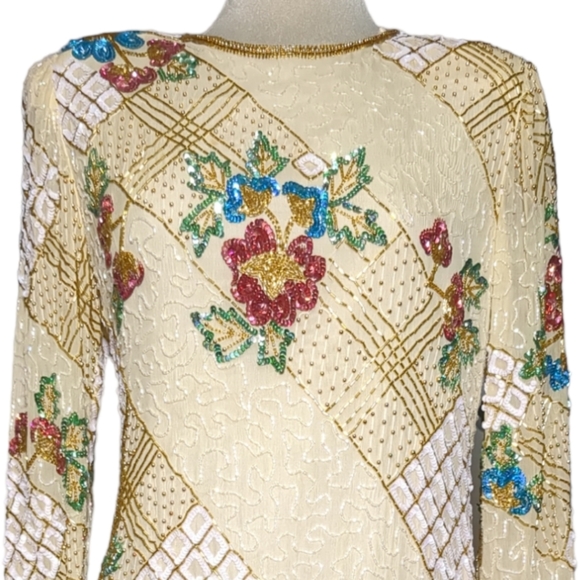 Gorgeous 100% SilkBeige embroidered midi long sleeve beaded sequins dress Size M - Picture 3 of 13